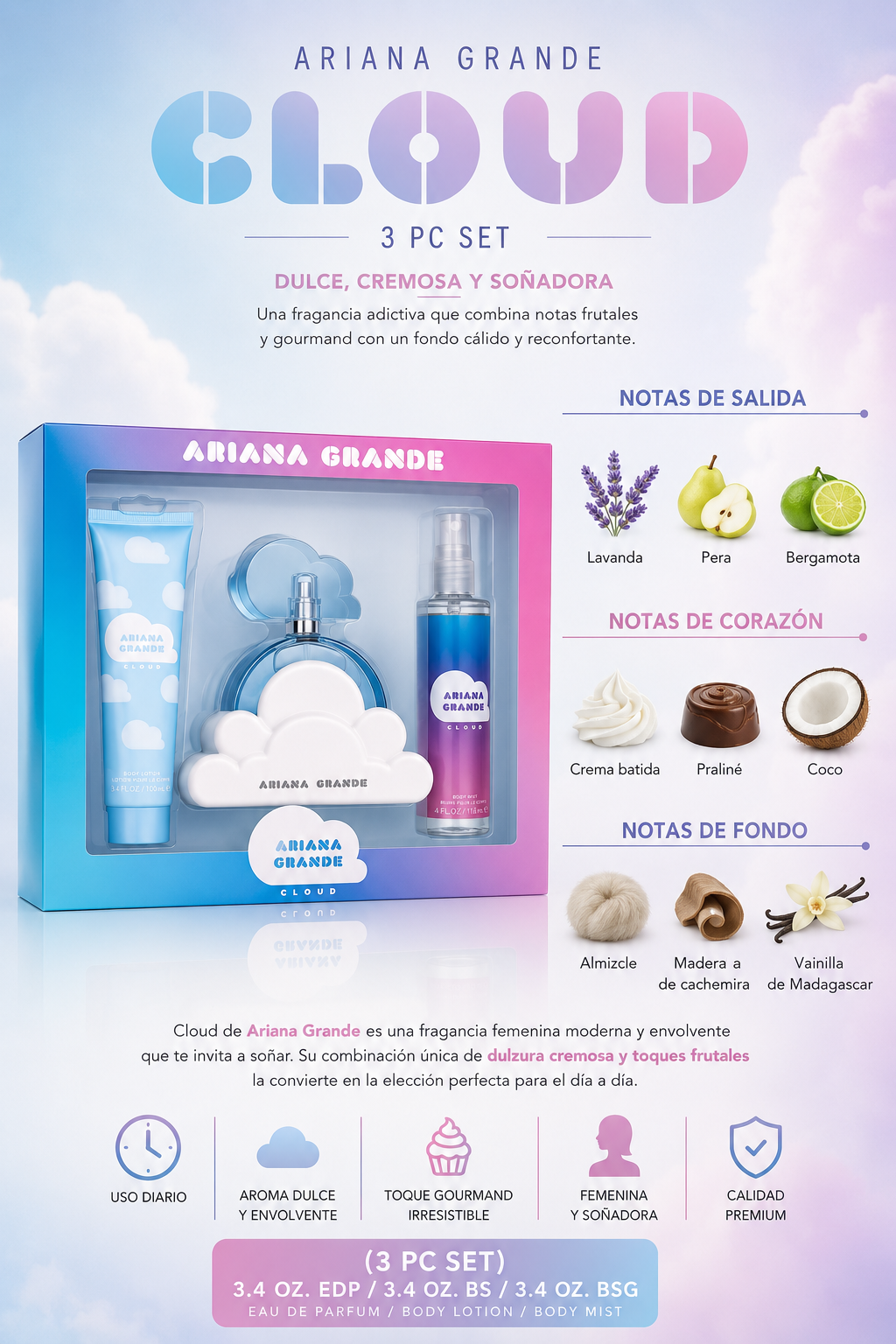 SET ARIANA GRANDE CLOUD WOMEN ( 3 PC SET ) 3.4 OZ. EDP / 3.4 OZ. BS / 3.4 OZ. BSG - Imagen 2