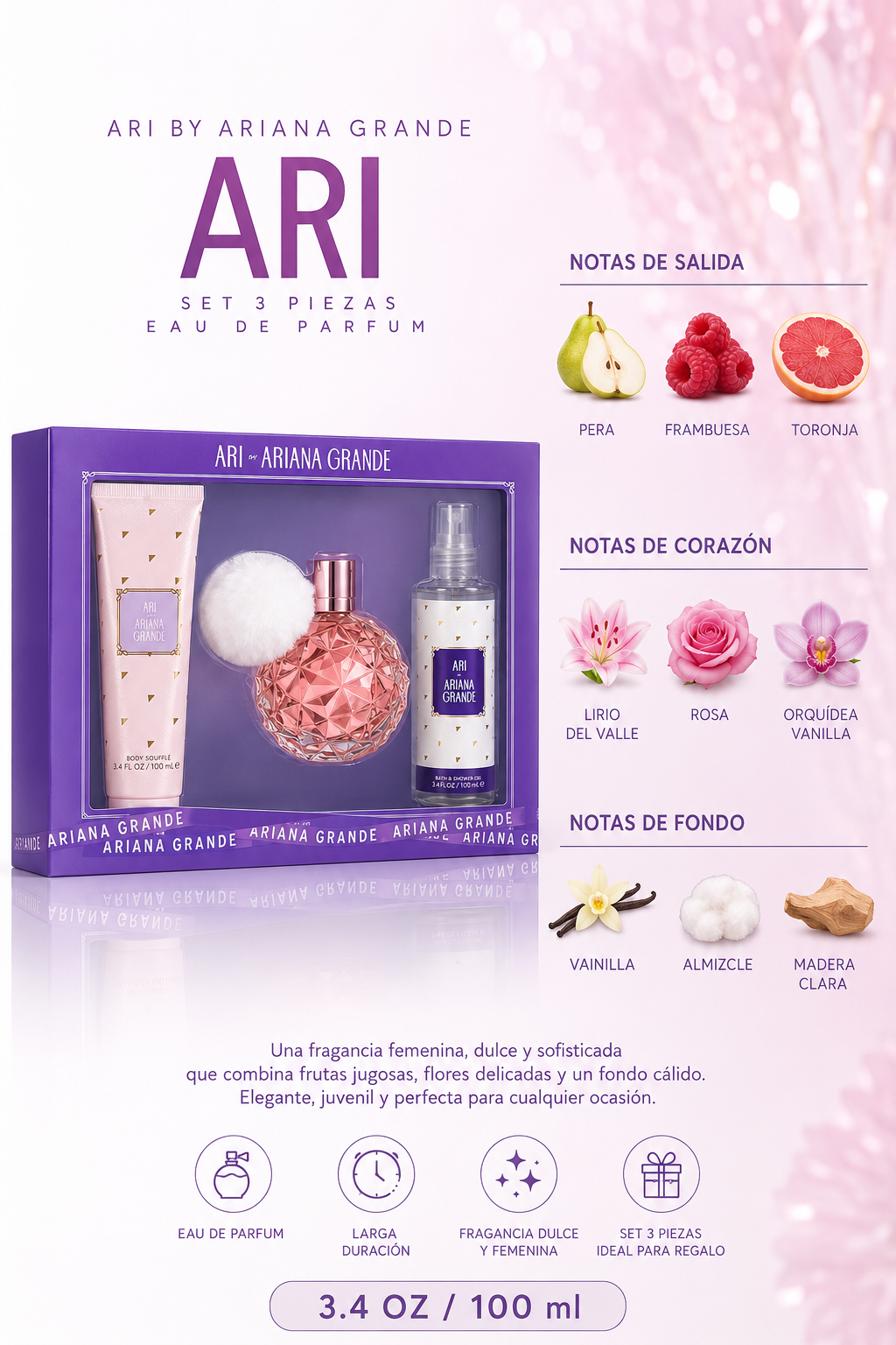 SET ARIANA GRANDE ARI WOMEN ( 3 PC SET ) 3.4 OZ. EDP / 3.4 OZ. SG / 3.4 OZ. BL - Imagen 2