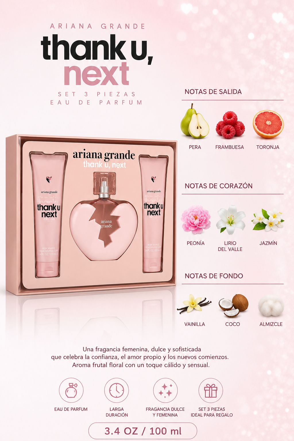 SET ARIANA GRANDE THANK U ,NEXT WOMEN ( 3 PC )3.4 OZ SG /3.4 OZ BODY SOUFFLE /3.4 OZ EDP SP - Imagen 2