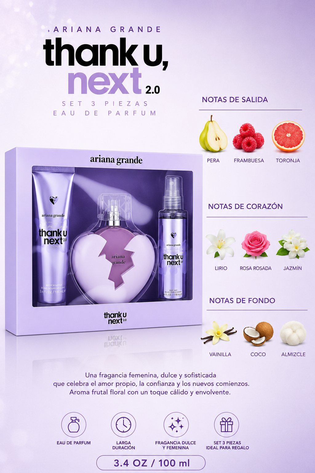 SET ARIANA GRANDE THANK U NEXT WOMEN 2.0 ( 3 PC )3.4 OZ EDP SP / 4.0 OZ BM / 3.4 BODY SOUFFLE - Imagen 2