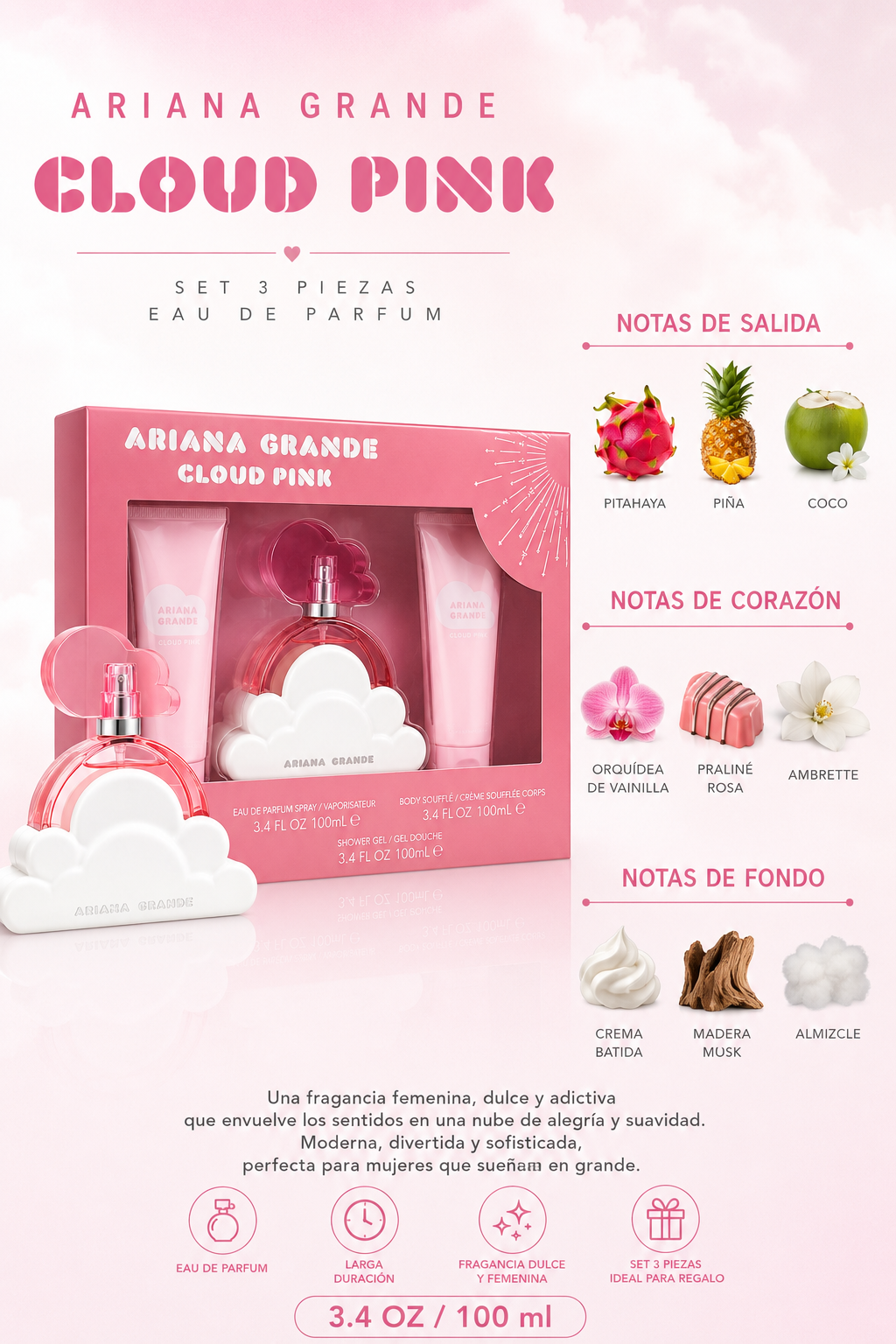 SET ARIANA GRANDE CLOUD PINK WOMEN ( 3 PC )3.4 OZ EDP SP /3.4 OZ SHOWER GEL /3.4 OZ BODY SOUFFLE - Imagen 2