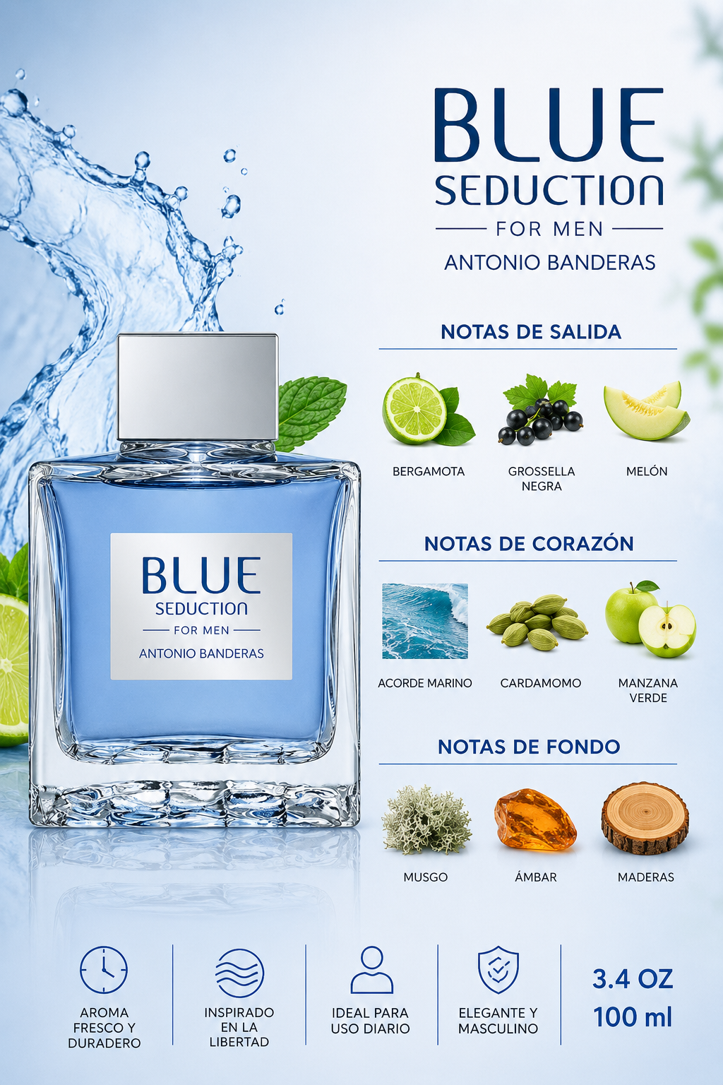 ANTONIO BANDERAS BLUE SEDUCTION MEN 3.4 OZ. EDT SP 100 ML - Imagen 2