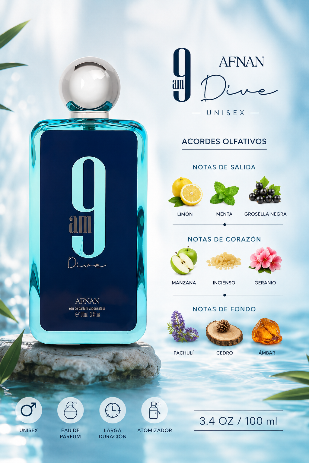 AFNAN 9AM DIVE UNISEX 3.4 OZ. EDP SP 100 ML - Imagen 2