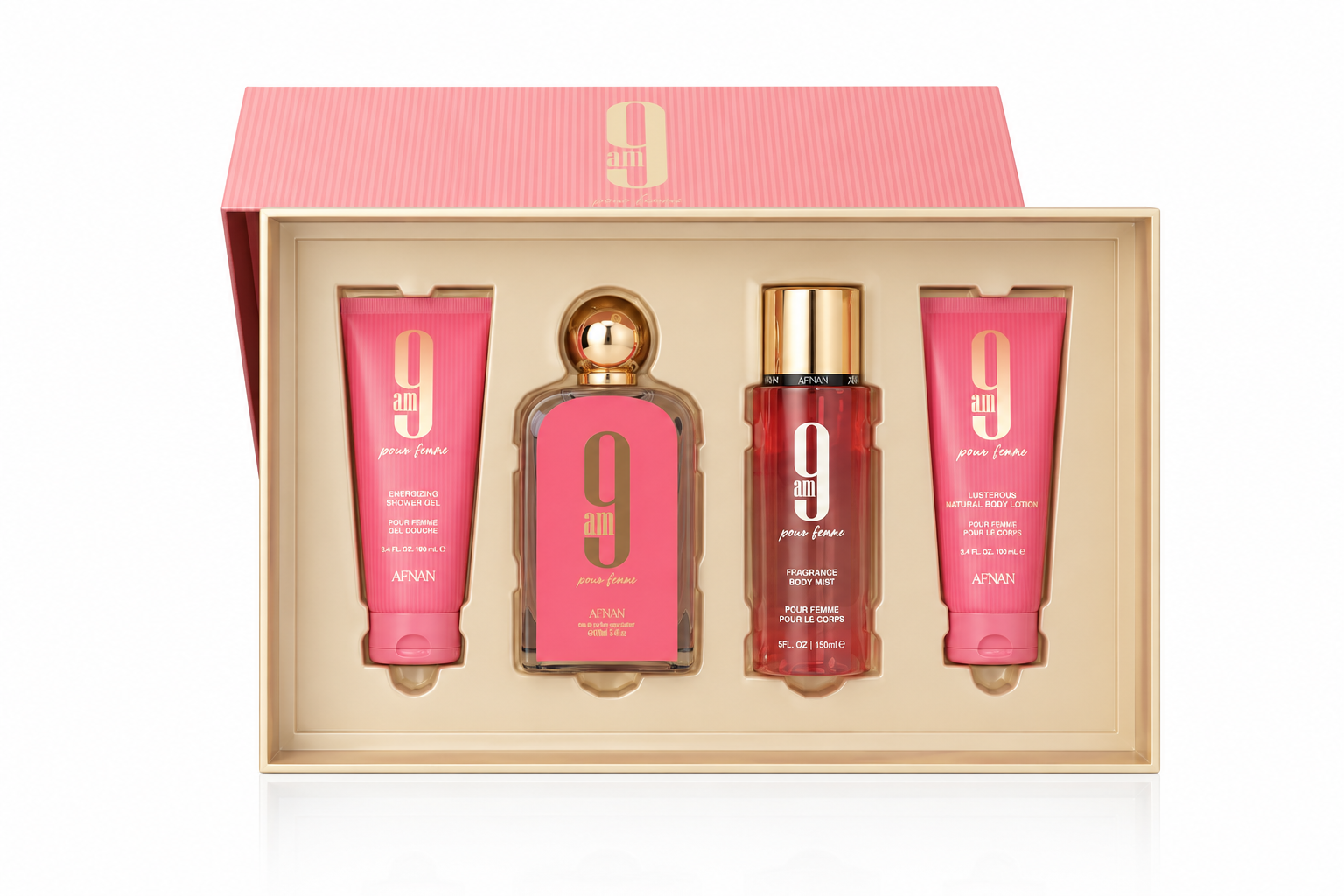 SET AFNAN 9AM FEMME (4 PC)3.4 OZ EDP SP /3.4 OZ S.GEL / 3.4 OZ BL / 5.0 BODY MIST