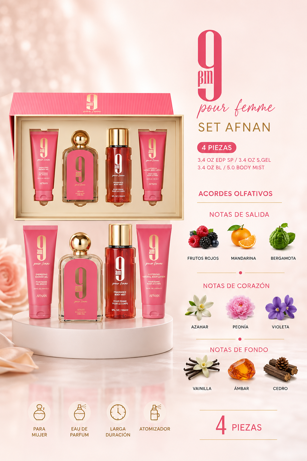 SET AFNAN 9AM FEMME (4 PC)3.4 OZ EDP SP /3.4 OZ S.GEL / 3.4 OZ BL / 5.0 BODY MIST - Imagen 2