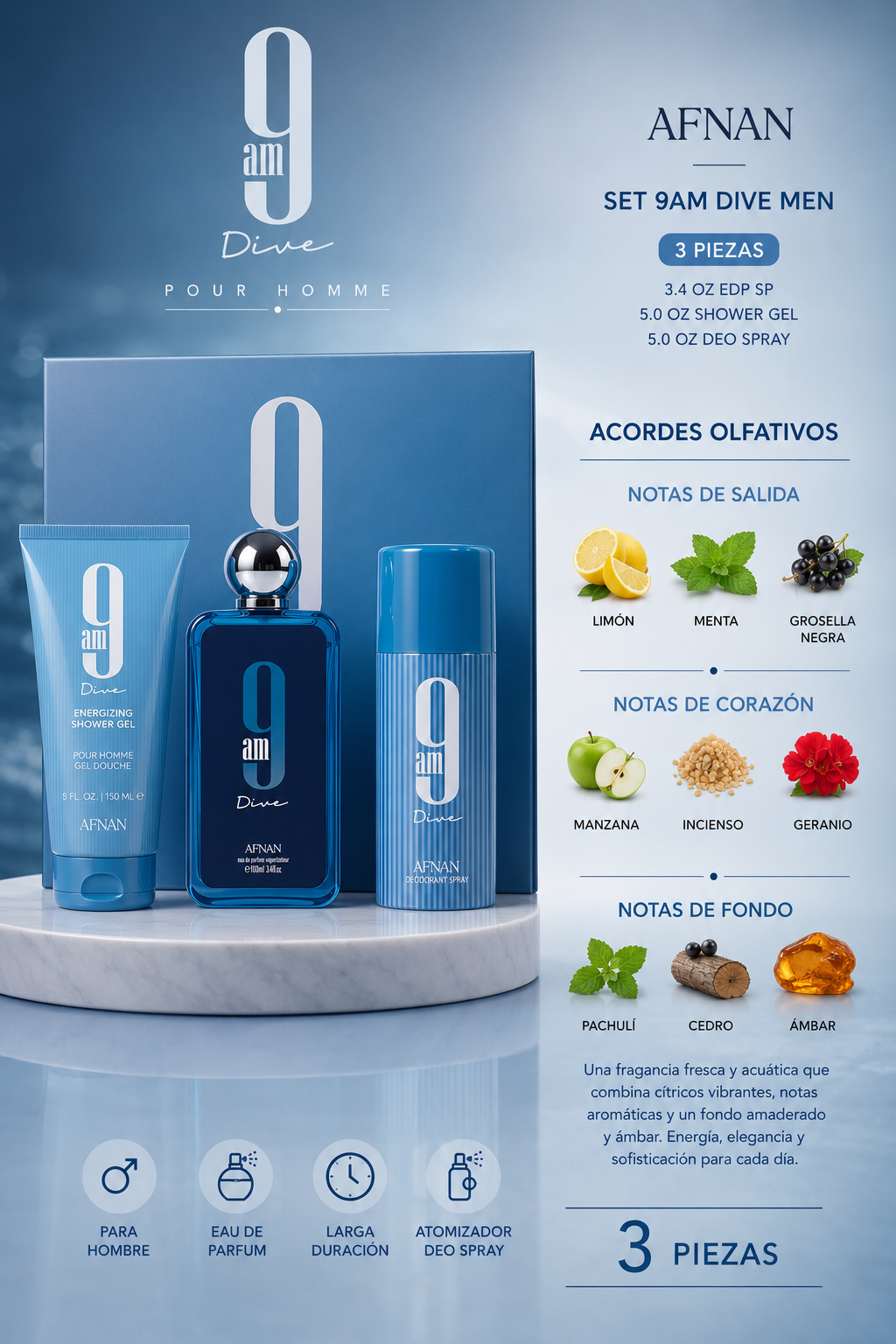 SET AFNAN 9AM DIVE MEN ( 3PC ) 3.4 OZ EDP SP / 5.0 OZ SHOWER GEL / 5.0 OZ DEO - Imagen 2