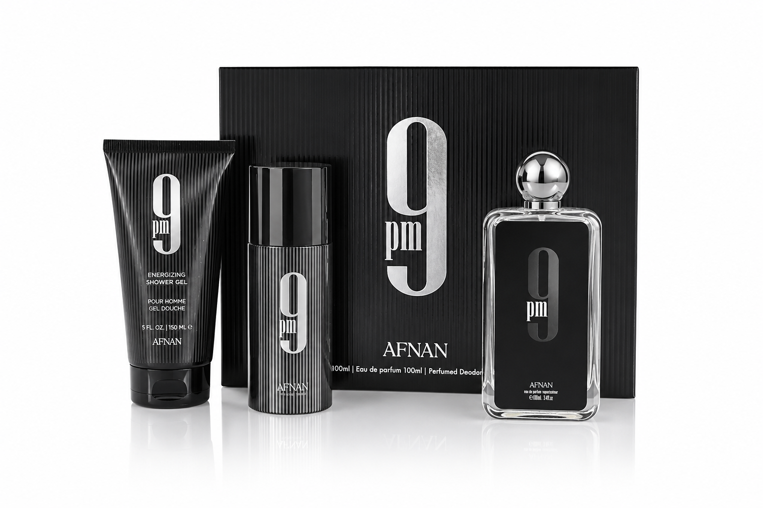 SET AFNAN 9PM UNISEX ( 3PC)3.4 OZ.EDP SP / 6.0 OZ.SG/ 6.4 OZ.DEO DISPLAY BOX