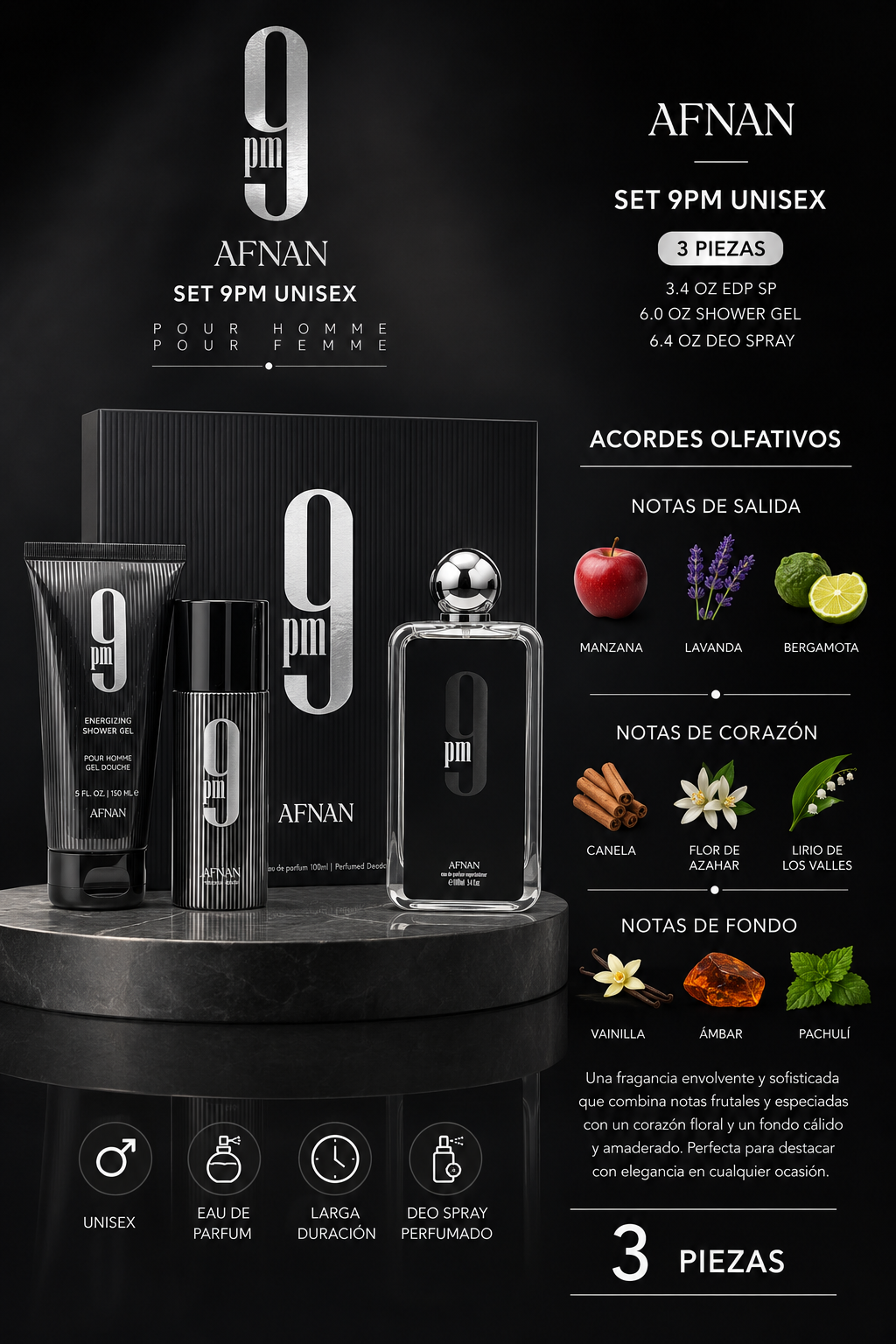 SET AFNAN 9PM UNISEX ( 3PC)3.4 OZ.EDP SP / 6.0 OZ.SG/ 6.4 OZ.DEO DISPLAY BOX - Imagen 2