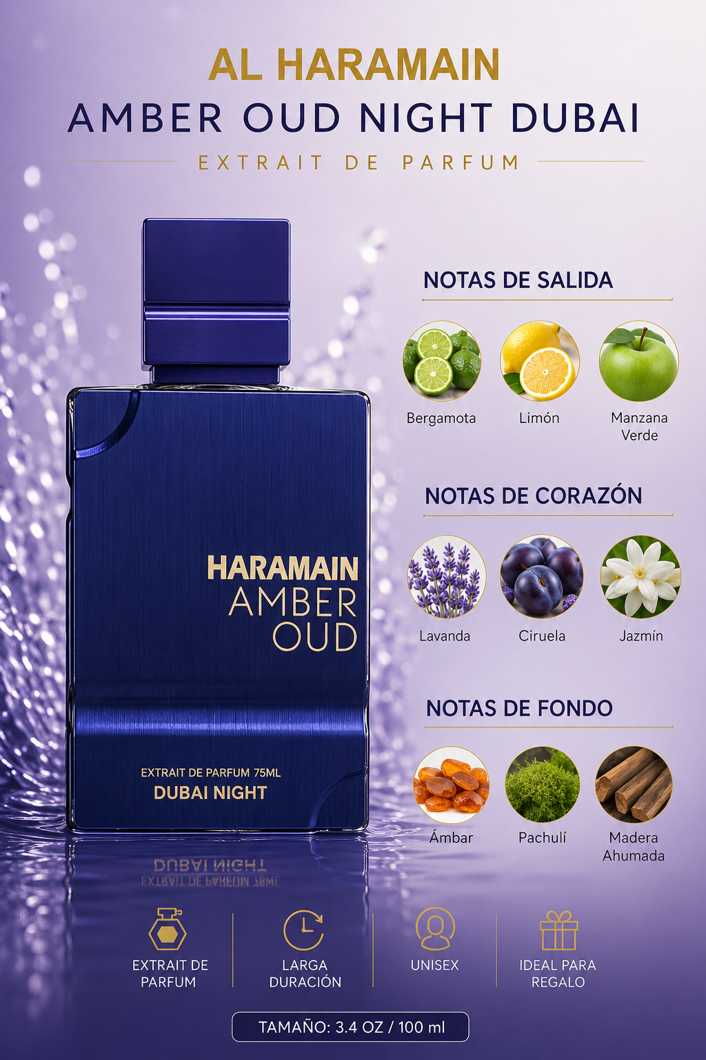 AL HARAMAIN AMBER OUD NIGHT DUBAI UNISEX 3.4 OZ EXTRAIT DE Parfum 100 ML - Imagen 2
