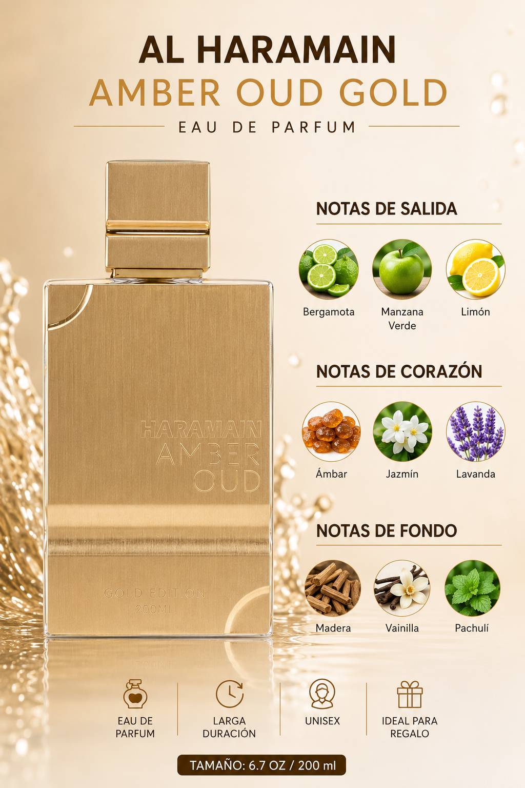 AL HARAMAIN AMBER OUD GOLD UNISEX 6.7 OZ. EDP SP 200 ML - Imagen 2
