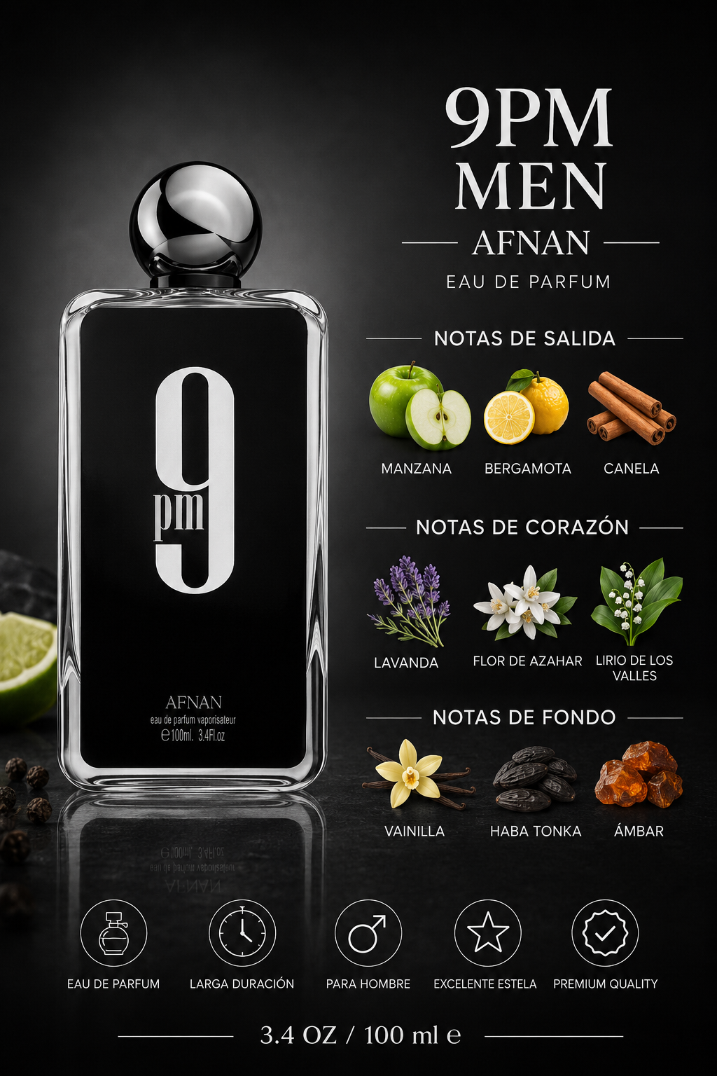 AFNAN 9PM MEN 3.4 OZ. EDP SP 100 ML - Imagen 2