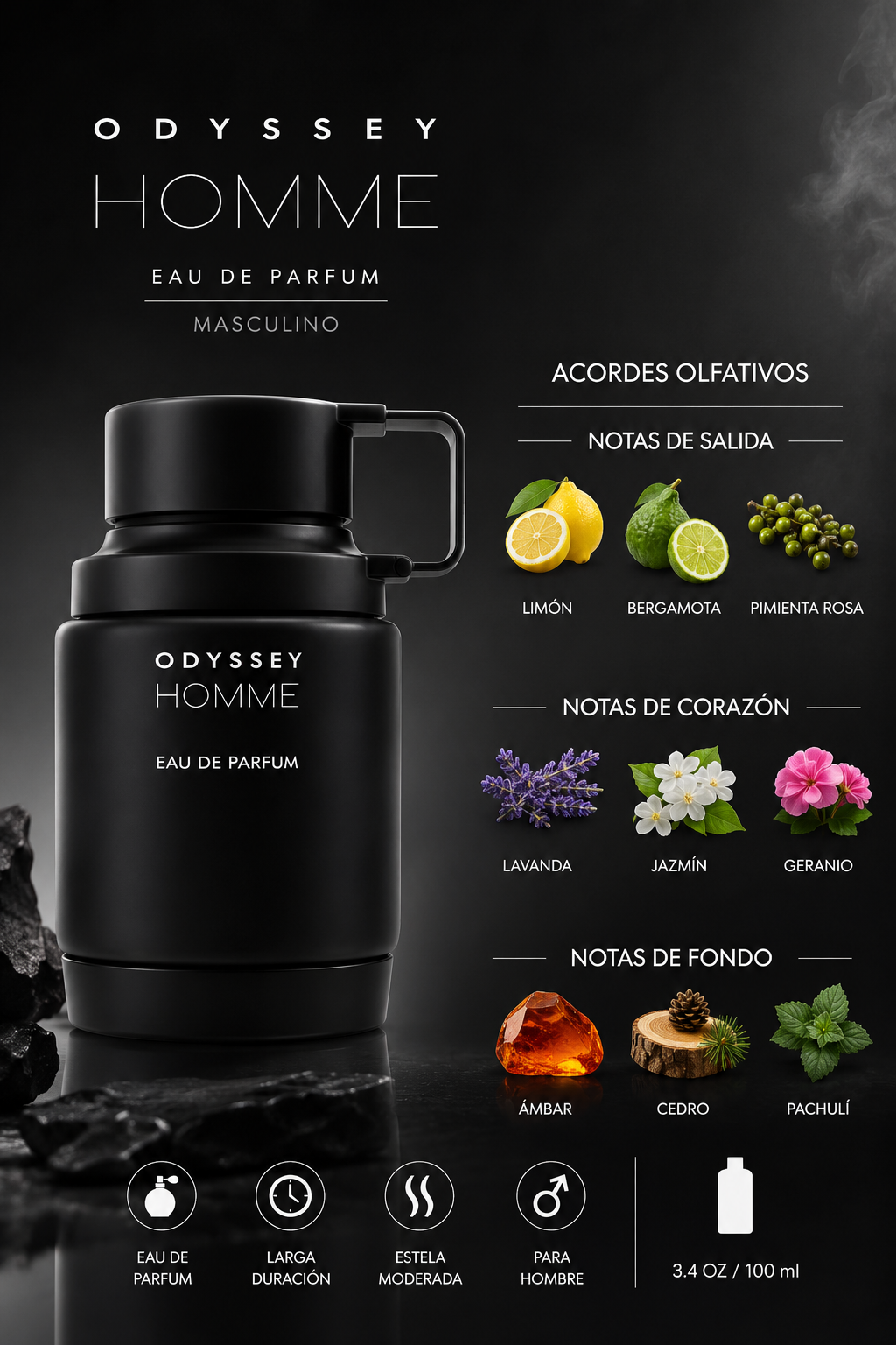 ARMAF ODYSSEY BLACK MEN 3.4 OZ. EDP SP 100 ML - Imagen 2
