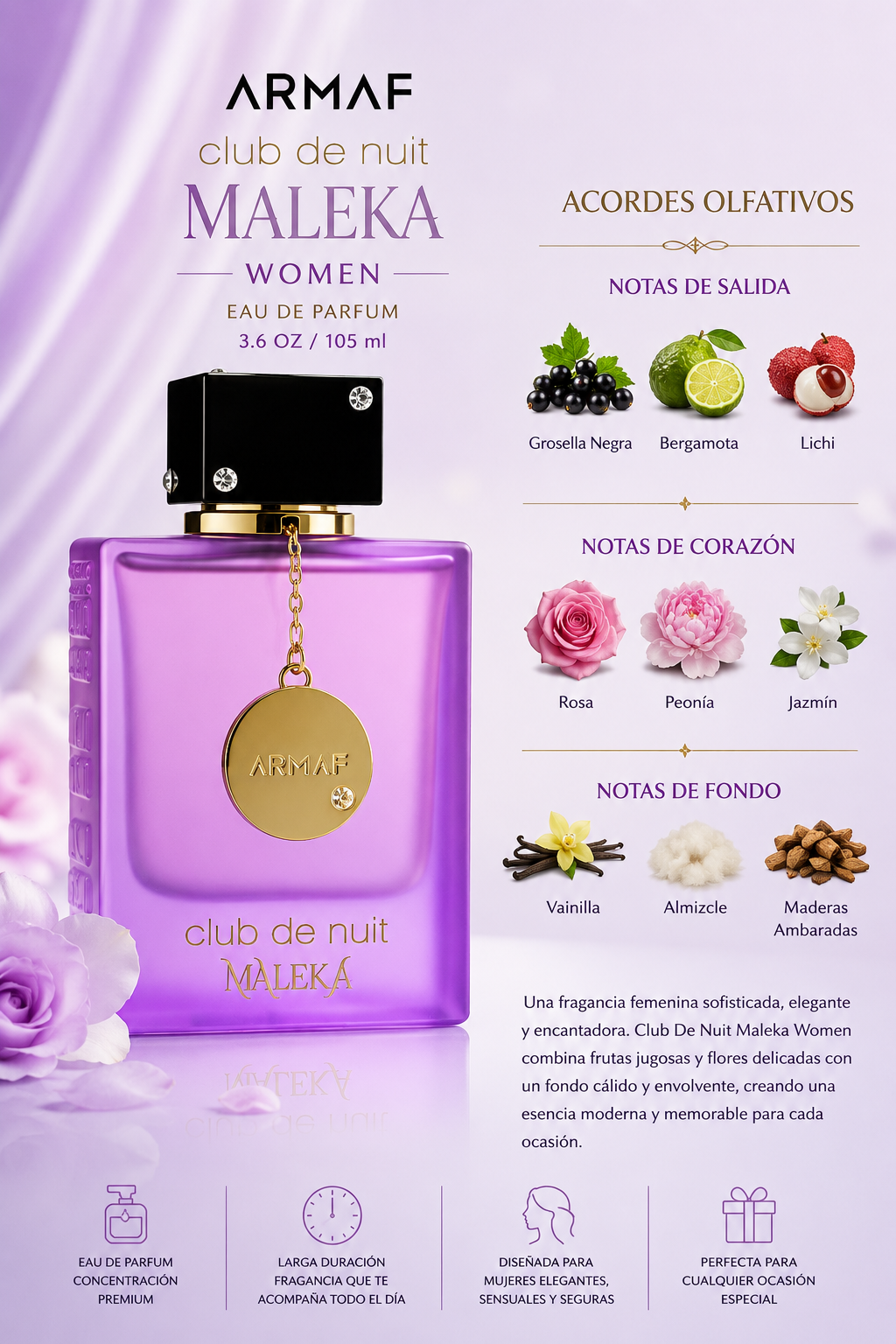 ARMAF CLUB DE NUIT MALEKA WOMEN 3.6 OZ EDPS SP 105 ML - Imagen 2
