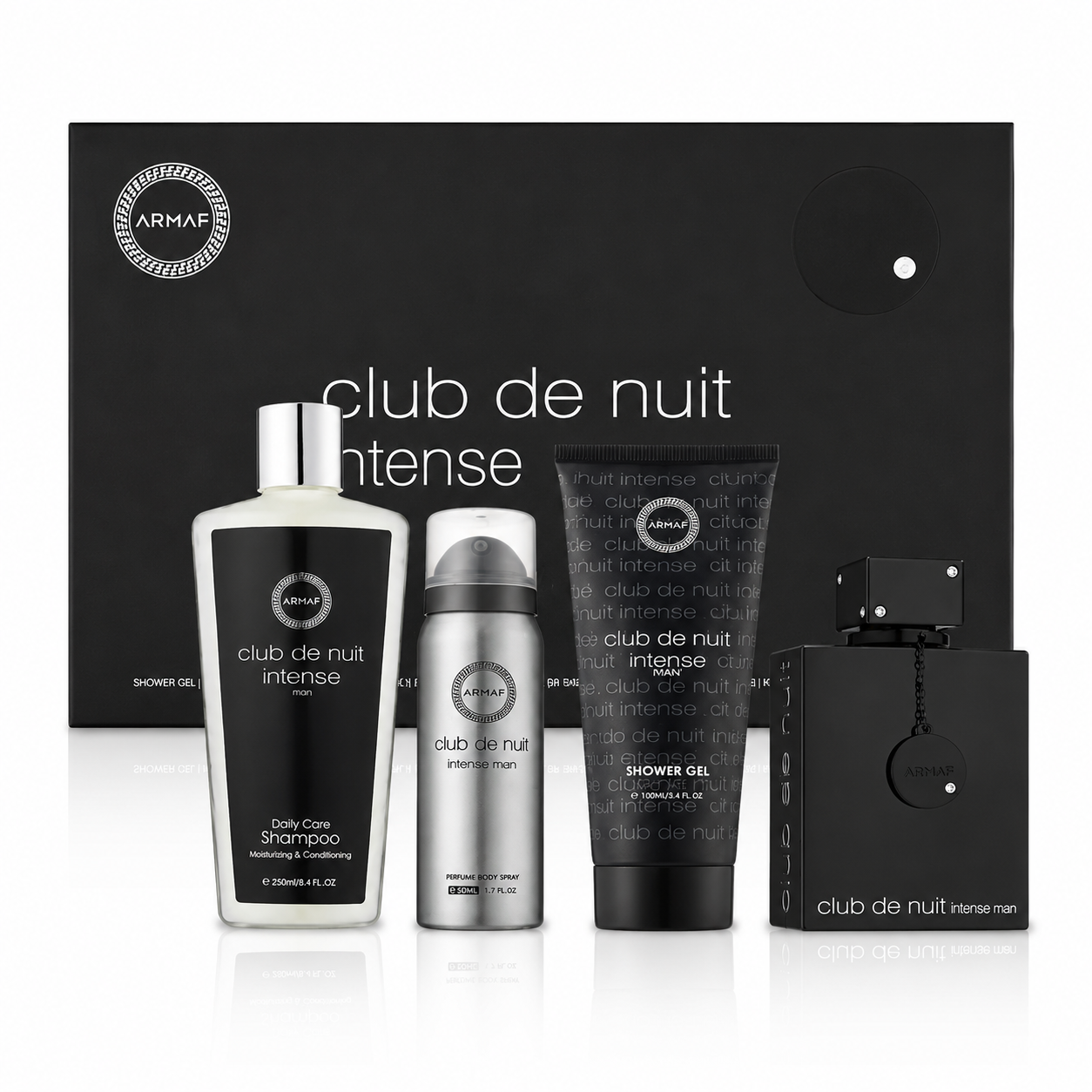 SET ARMAF CLUB DE NUIT INTENSE MEN ( 4 PC SET ) 3.6 OZ. / 3.4 OZ S.GEL / 8.4 SHAM / 1.7 B SPRAY