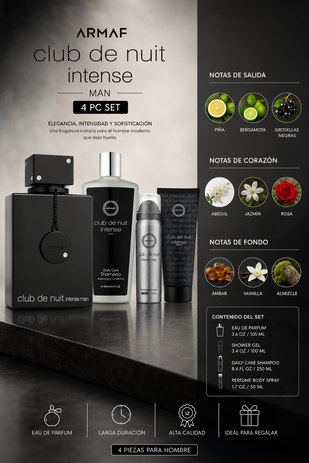 SET ARMAF CLUB DE NUIT INTENSE MEN ( 4 PC SET ) 3.6 OZ. / 3.4 OZ S.GEL / 8.4 SHAM / 1.7 B SPRAY - Imagen 2