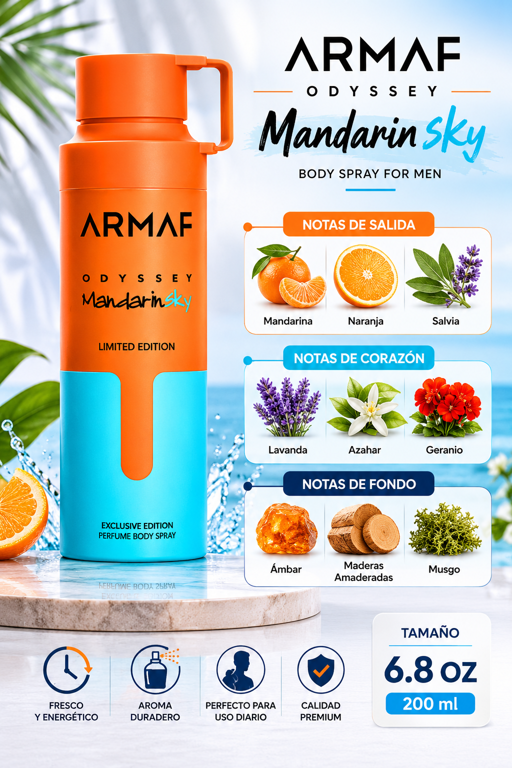 BODY SPRAY ARMAF ODYSSEY MANDARIN SKY MEN 6.8 OZ 200 ML - Imagen 2