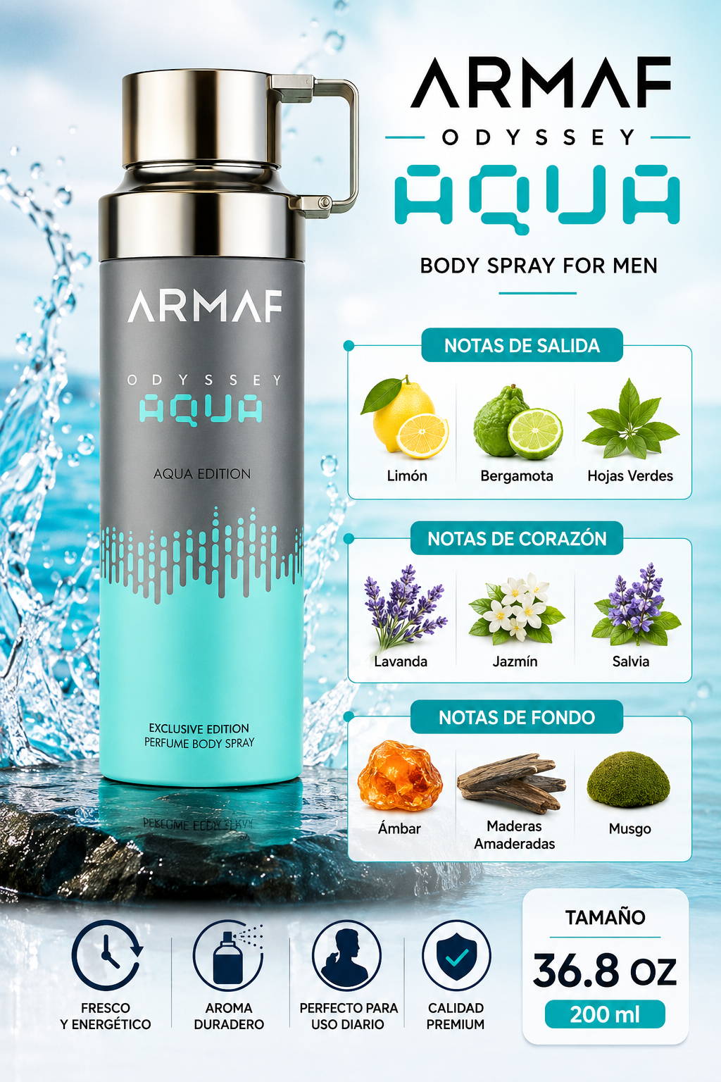BODY SPRAY ARMAF ODYSSEY AQUA MEN 6.8 OZ 200 ML - Imagen 2