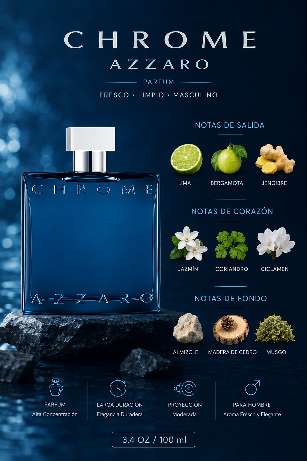 AZZARO CHROME MEN 3.4 OZ PARFUM SPRAY 100 ML - Imagen 2