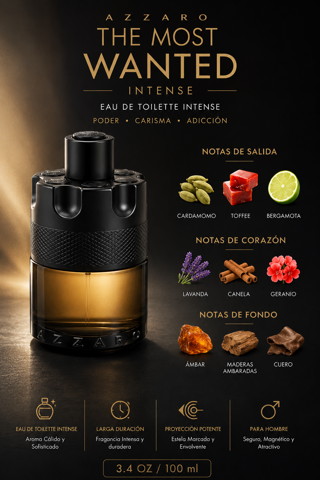 AZZARO THE MOST WANTED INTENSE MEN 3.4 OZ EDT SP 100 ML - Imagen 2