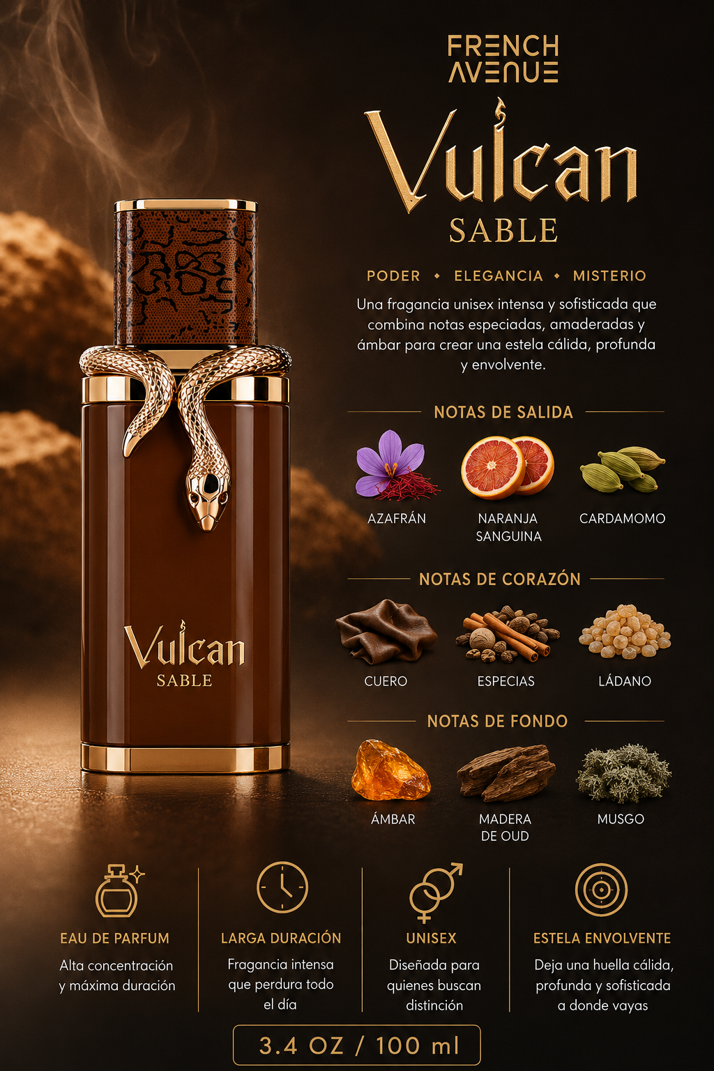 FRENCH AVENUE VULCAN SABLE UNISEX 3.4 OZ EDP SP 100 ML - Imagen 2