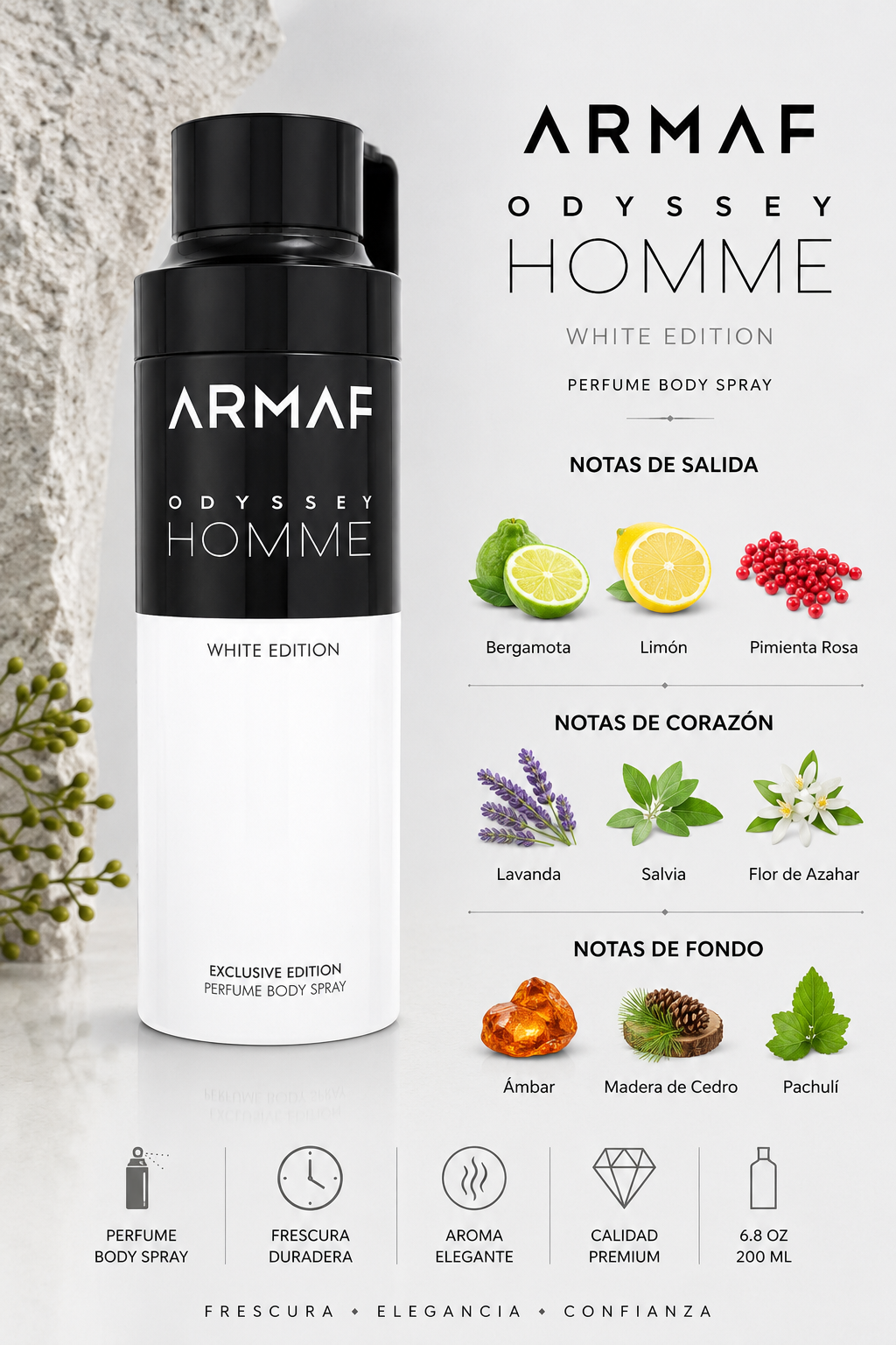 BODY SPRAY ARMAF ODYSSEY HOME WHITE EDITION MEN 6.8 OZ 200 ML - Imagen 2