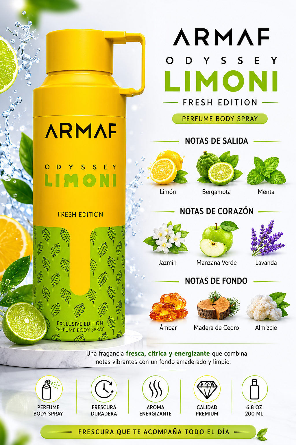 BODY SPRAY ARMAF ODYSSEY LIMONI FRESH EDITION MEN 6.8 OZ 200 ML - Imagen 2