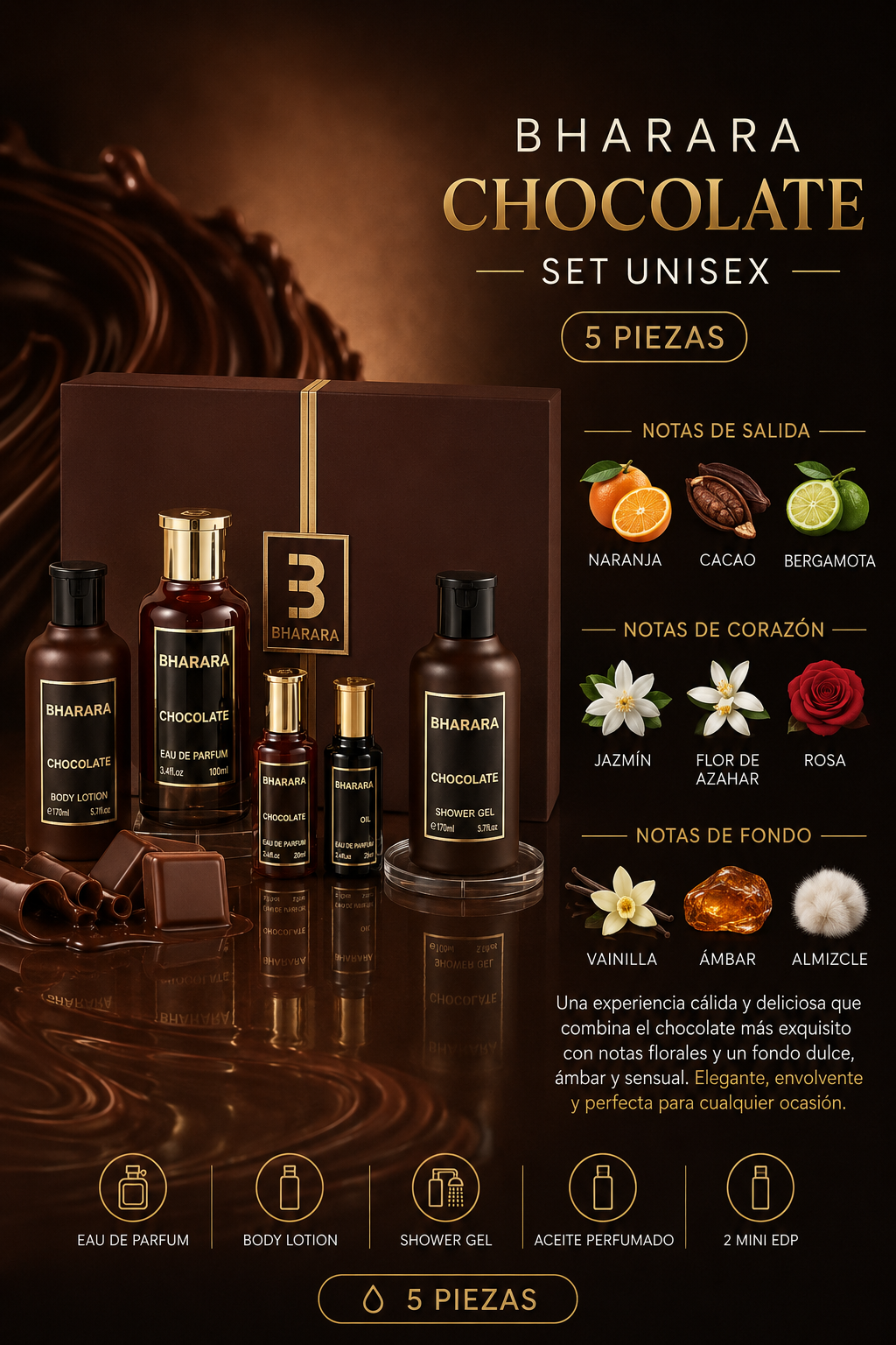 SET BHARARA CHOCOLATE UNISEX ( 5 PC ) 3.4 OZ EDP SP / 6.7 OZ BL / 6.7 OZ SG /0.34 OZ EDP X 2 - Imagen 2