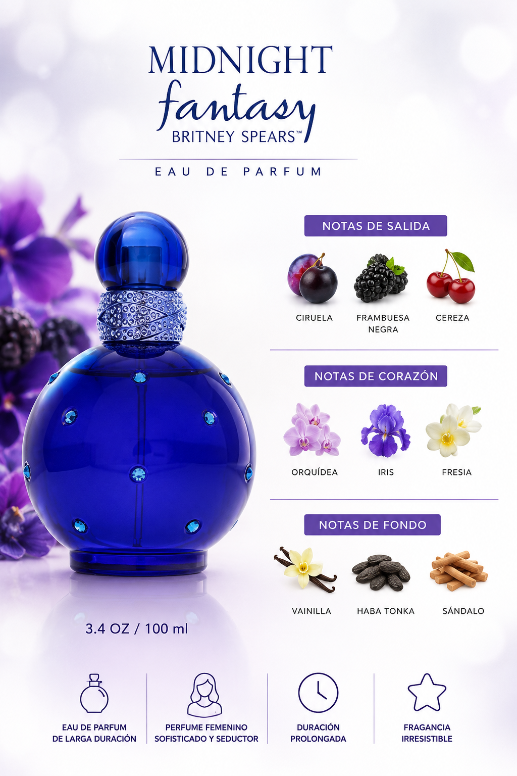 BRITNEY SPEARS FANTASY MIDNIGHT WOMEN 3.4 OZ. EDP SP 100 ML - Imagen 2