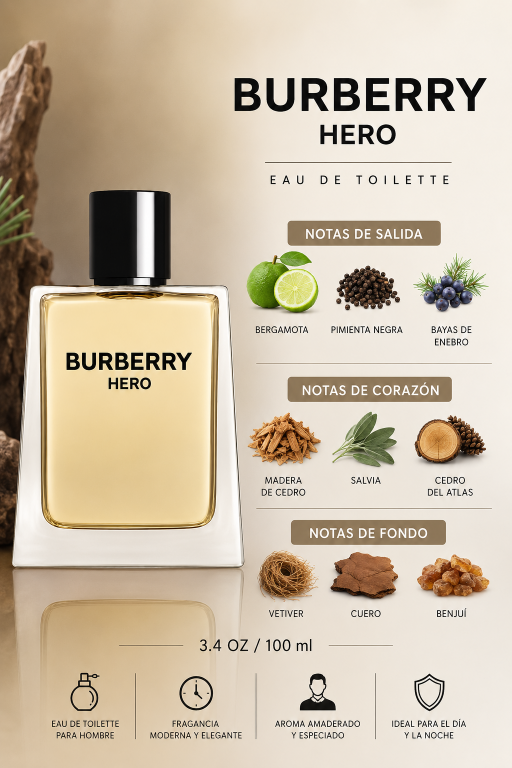 BURBERRY HERO MEN 3.4 OZ. EDT SP 100 ML - Imagen 2