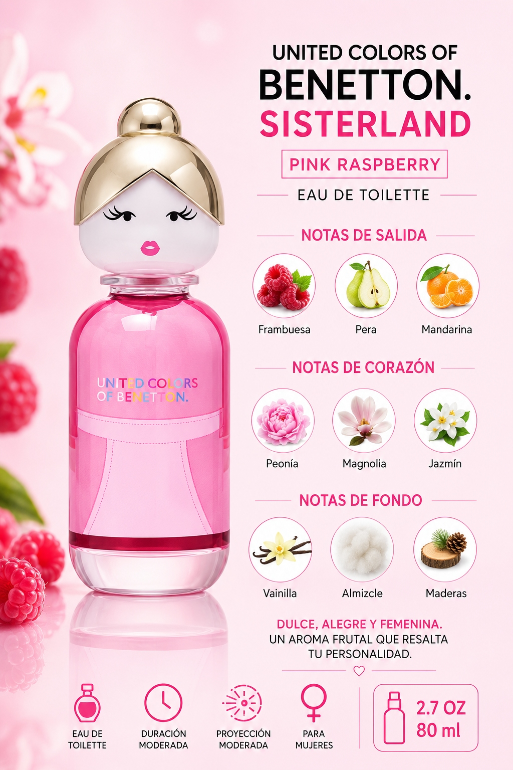 BENETTON SISTERLAND PINK RASBERRY WOMEN 2.7 OZ. EDT SP 80 ML - Imagen 2