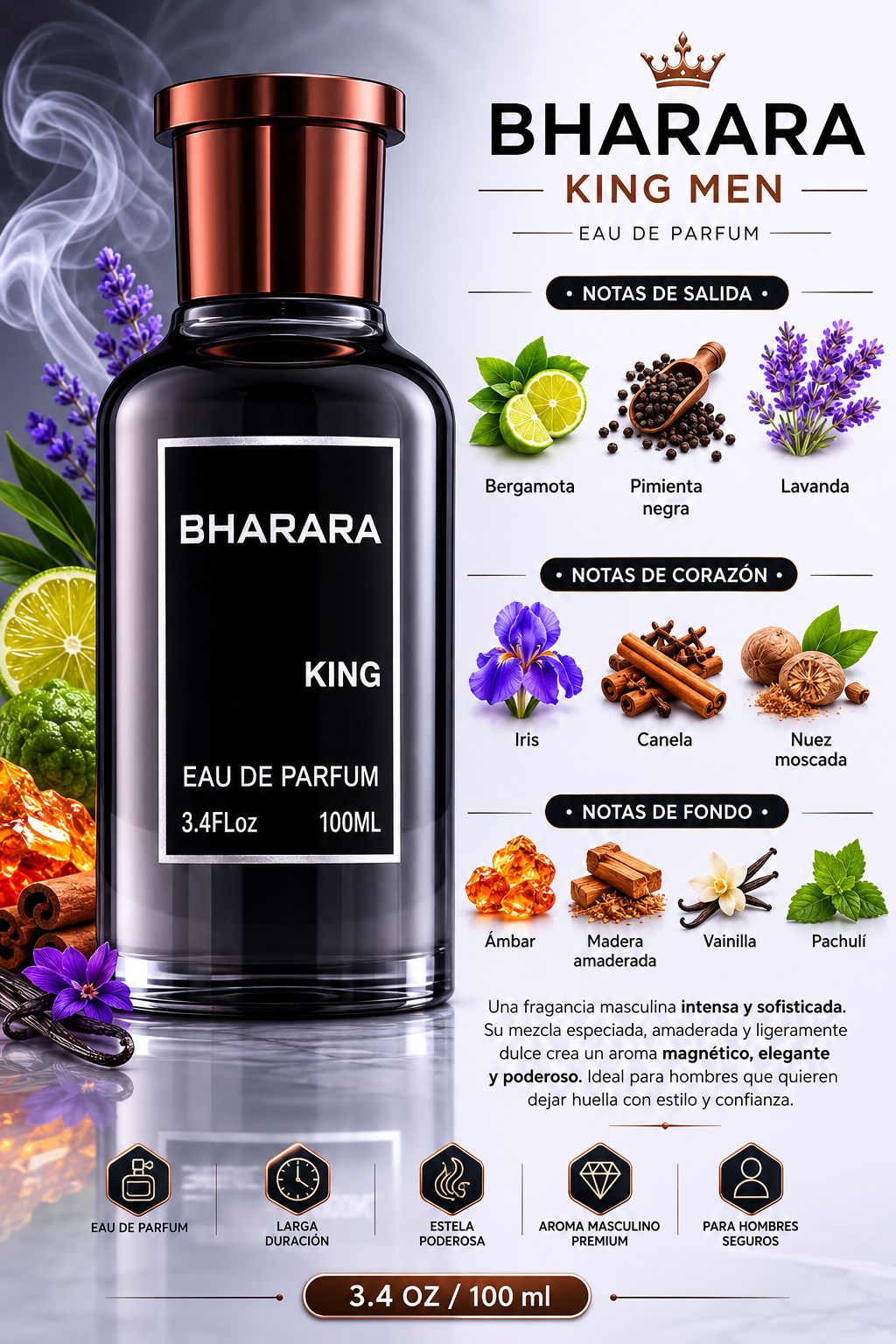 BHARARA KING MEN 3.4 OZ. EDP 100 ML - Imagen 2