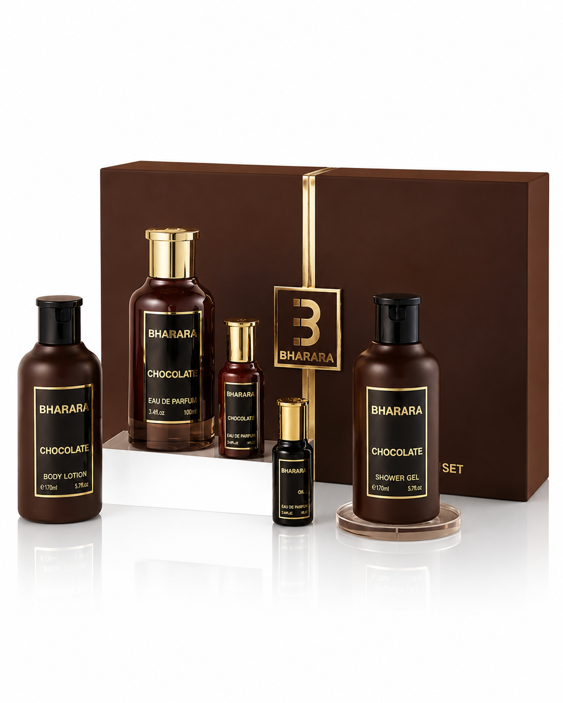 SET BHARARA CHOCOLATE UNISEX ( 5 PC ) 3.4 OZ EDP SP / 6.7 OZ BL / 6.7 OZ SG /0.34 OZ EDP X 2