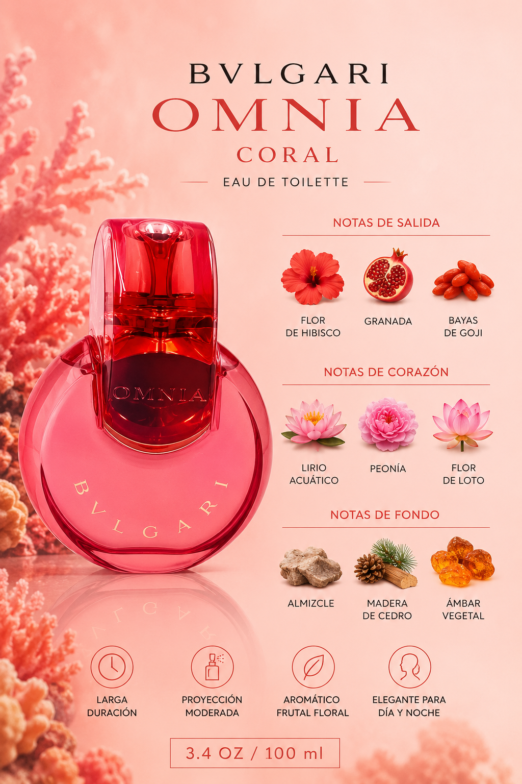 BVLGARI OMNIA CORAL WOMEN 3.4 OZ EDT SP 100 ML - Imagen 2