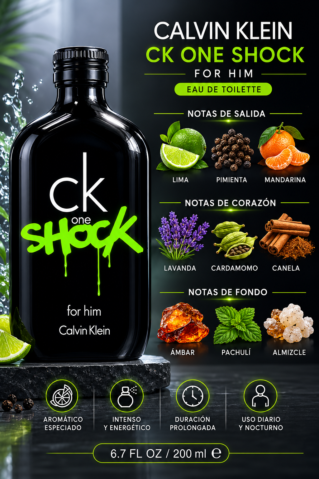 CALVIN KLEIN ONE SHOCK MEN 6.7 OZ. EDT SP 200 ML - Imagen 2