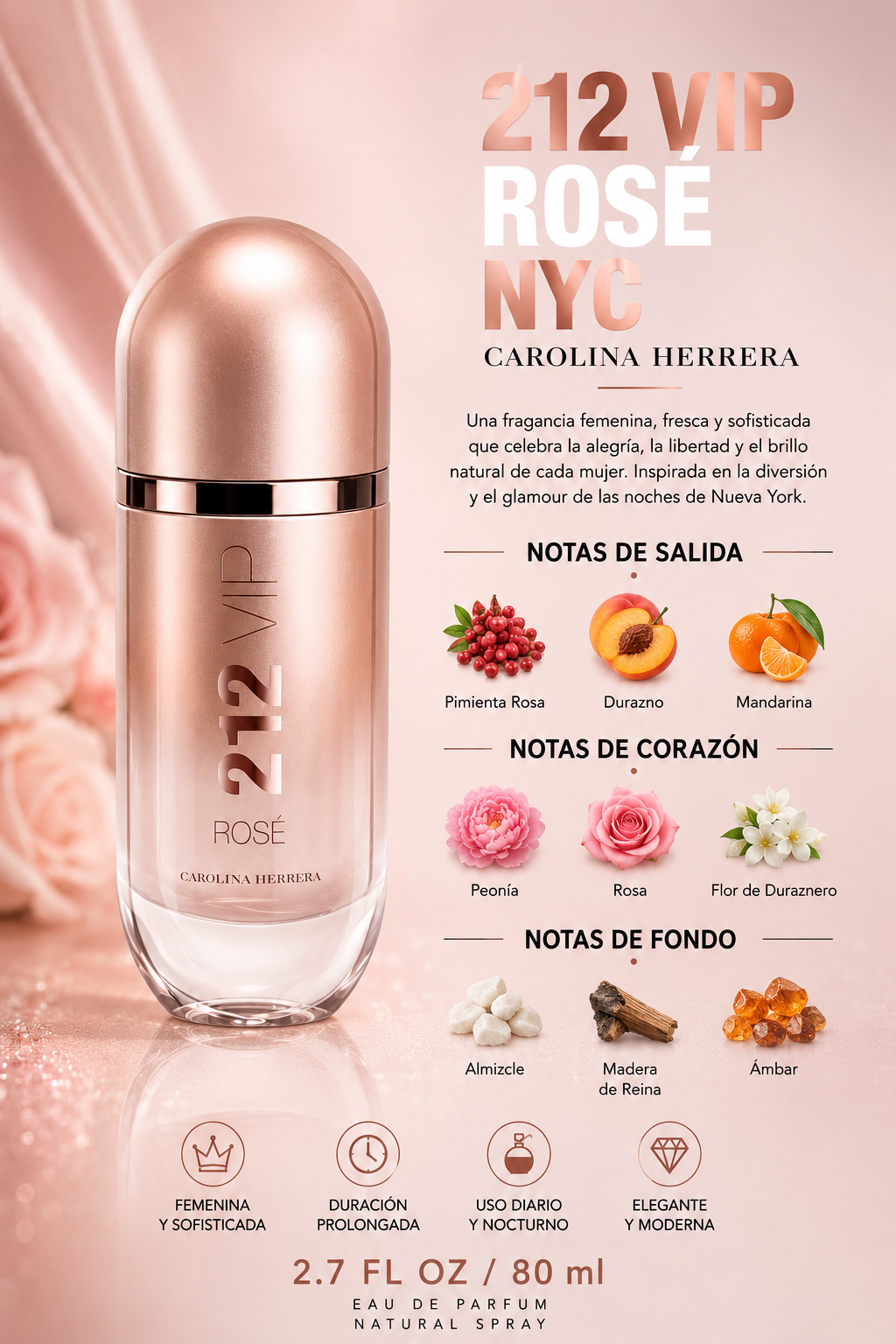 CAROLINA HERRERA 212 VIP ROSE WOMEN 2.7 OZ EDP SP-NEW UPC 80 ML - Imagen 2