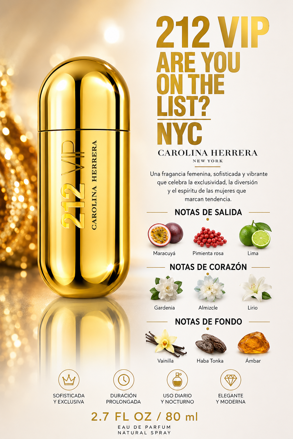 CAROLINA HERRERA 212 VIP WOMEN 2.7 OZ. EDP SPRAY 80 ML - Imagen 2