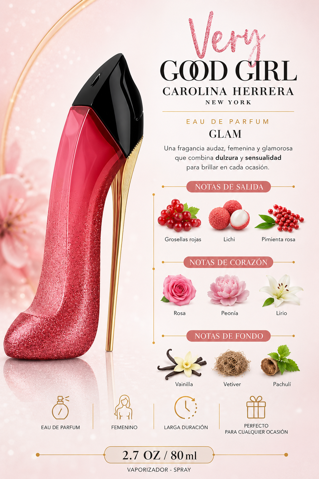 CAROLINA HERRERA VERY GOOD GIRL GLAM WOMEN 2.7 OZ. EDP SP 80 ML - Imagen 2
