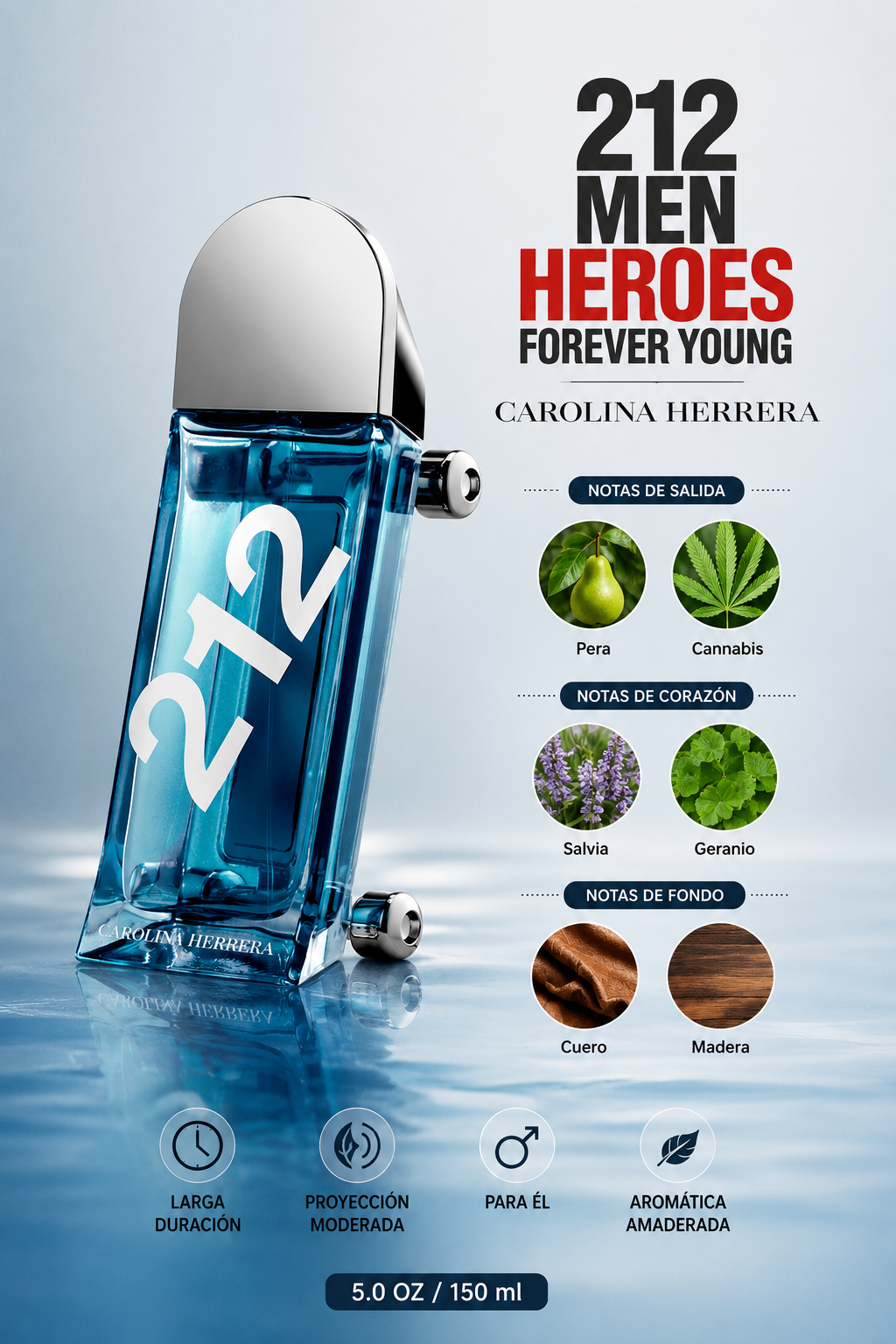 CAROLINA HERRERA 212 MEN HEROES FOREVER YOUNG 5.0 OZ. EDT SP 150 ML - Imagen 2