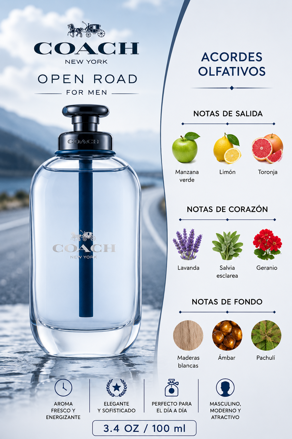 COACH OPEN ROAD MEN 3.4 OZ EDT SP 100 ML - Imagen 2