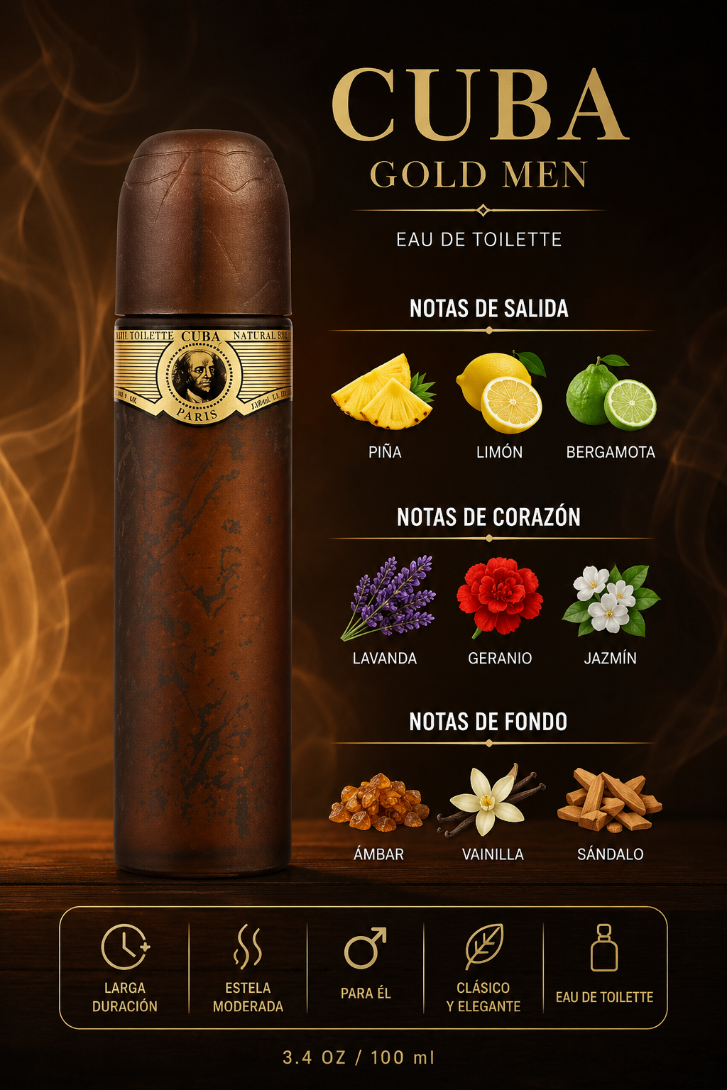 CUBA GOLD MEN 3.4 OZ. EDT SP 100 ML - Imagen 2