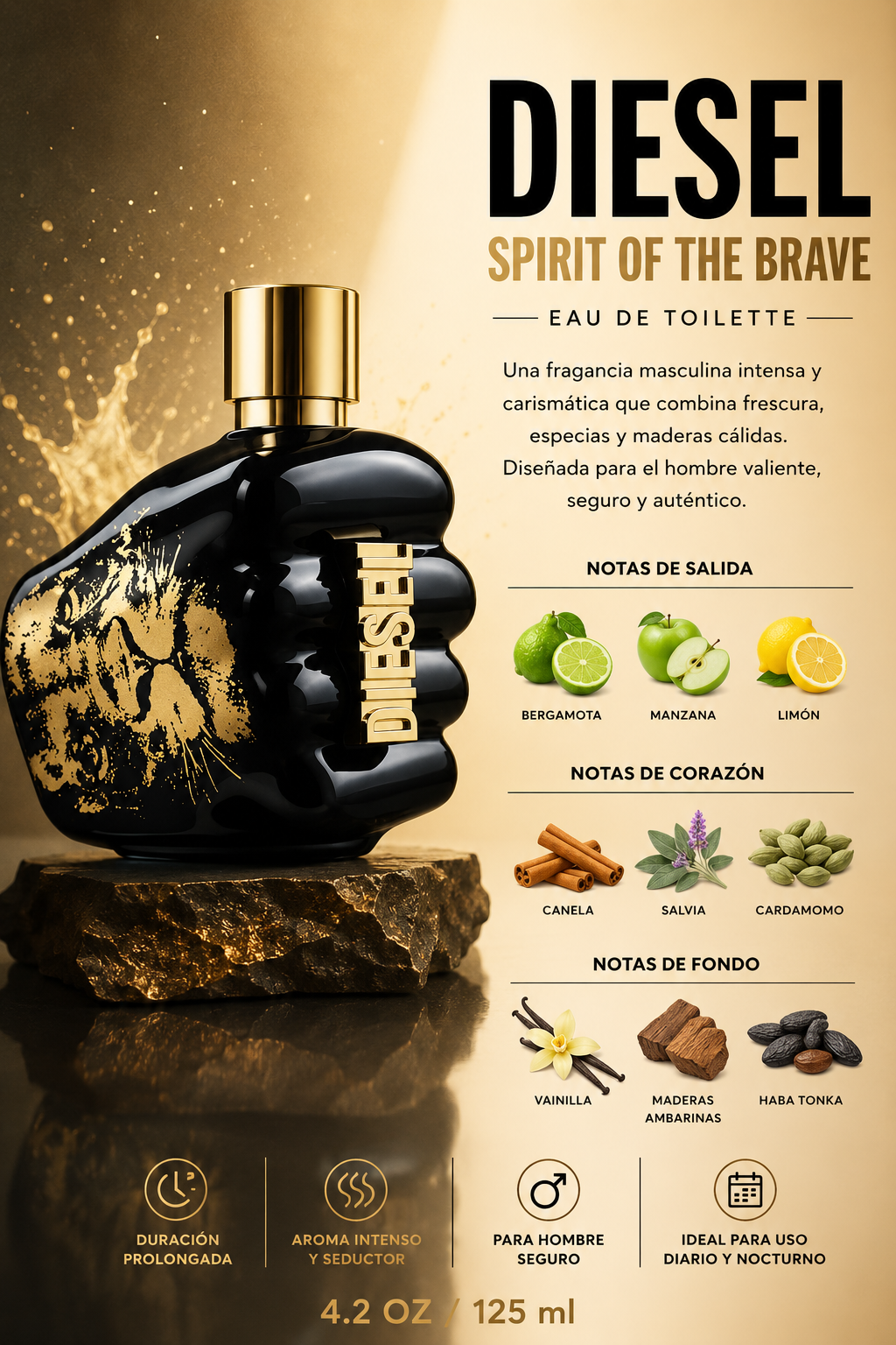 DIESEL SPIRIT OF THE BRAVE MEN 4.2 OZ. EDT GOLD BOX 125 ML - Imagen 2