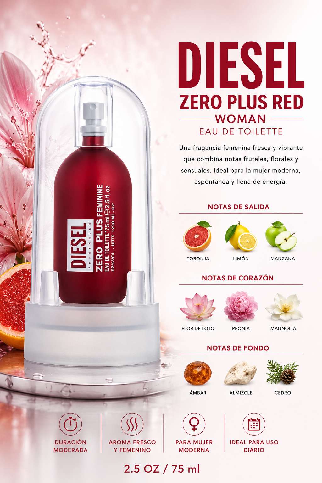 DIESEL ZERO PLUS RED WOMAN 2.5 OZ. EDT 75 ML - Imagen 2