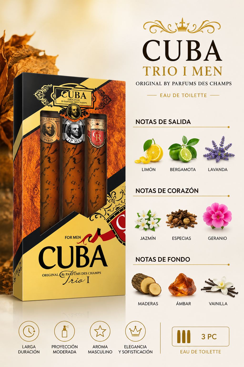 SET CUBA TRIO 1 MEN (3 PC ) 1.17 OZ EDT SP (CUBA GOLD,CUBA ROYAL,CUBA VIP) - Imagen 2