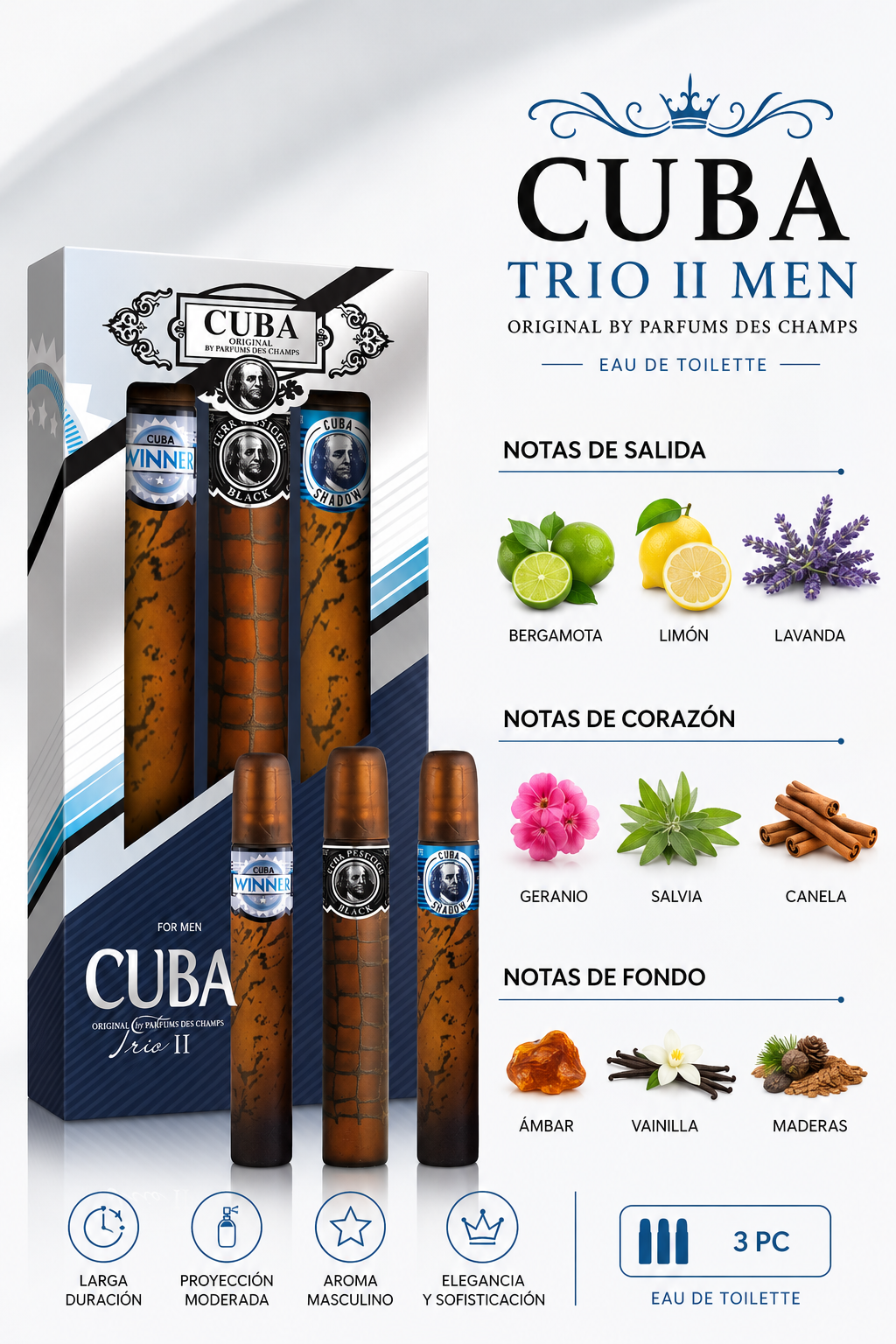 SET CUBA TRIO 2 MEN ( 3PC )1.17 OZ EDT SP (CUBA WINTER,CUBA SHADOW,CUBA PRESTIGE BLACK) - Imagen 2