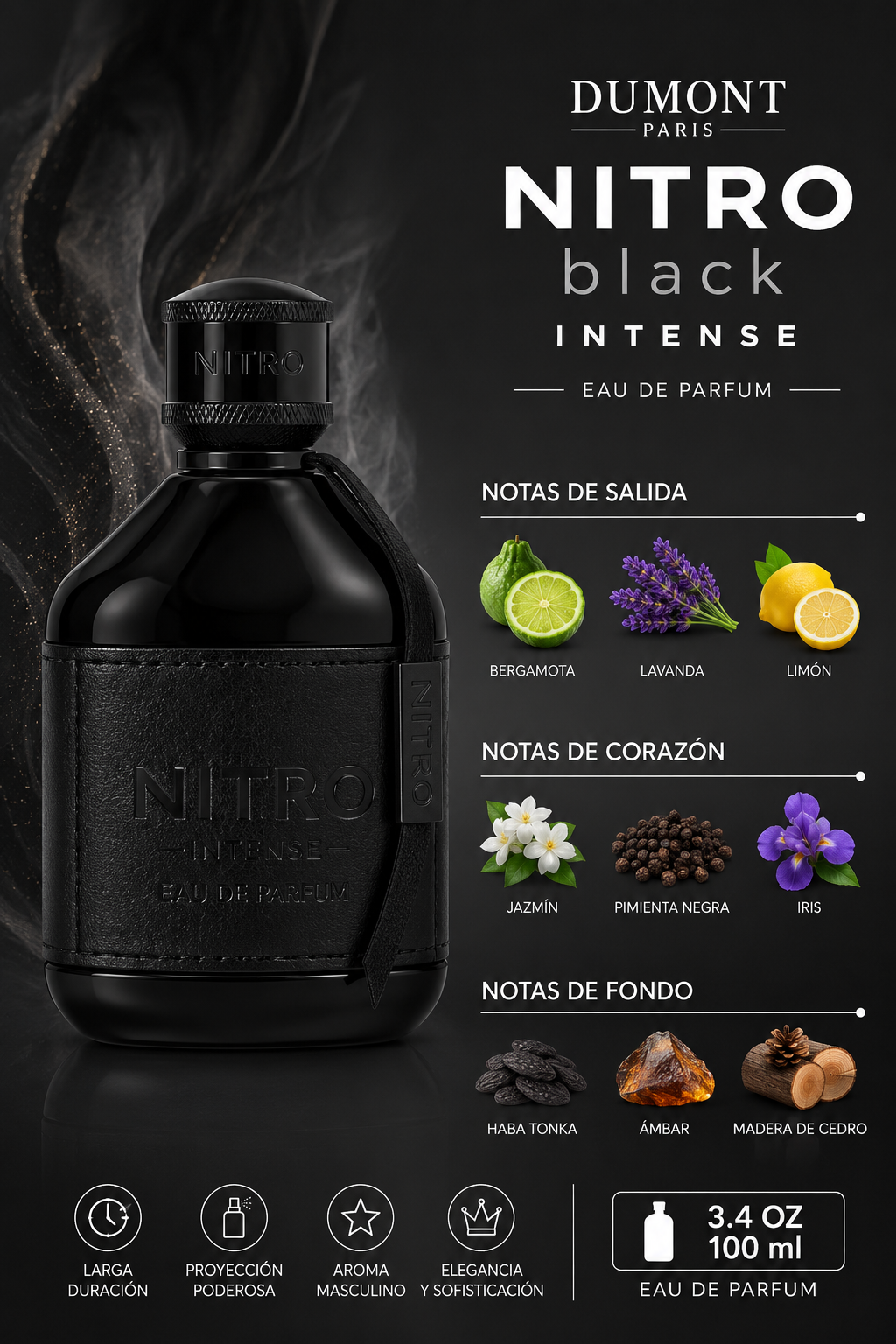 DUMONT NITRO BLACK INTENSE MEN 3.4 OZ EDP SP 100 ML - Imagen 2