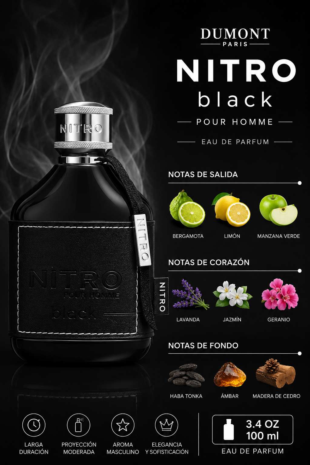 DUMONT NITRO BLACK MEN 3.4 OZ EDP SP 100 ML - Imagen 2
