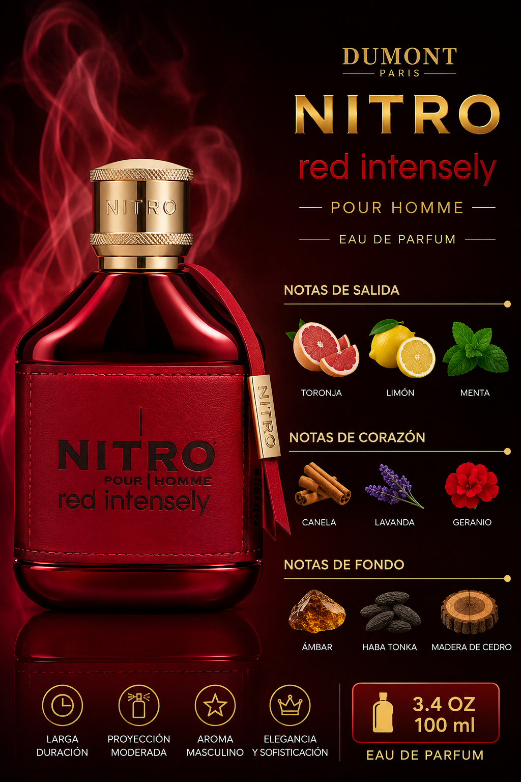 DUMONT NITRO RED INTENSELY MEN 3.4 OZ EDP SP 100 ML - Imagen 2