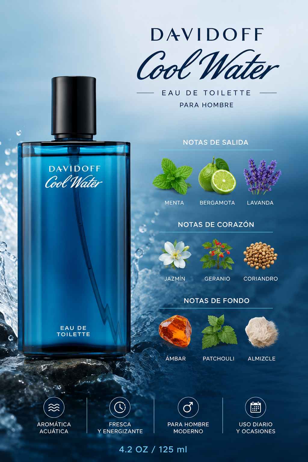 DAVIDOFF COOL WATER MEN 4.2 OZ. EDT 125 ML - Imagen 2