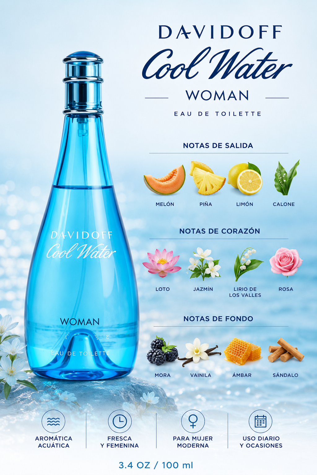 DAVIDOFF COOL WATER WOMAN 3.4 OZ. EDT SP 100 ML - Imagen 2