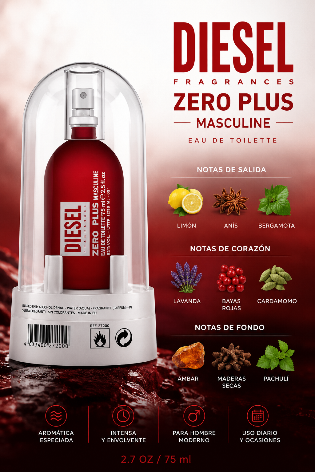 DIESEL ZERO PLUS RED MEN 2.5 EDT 75 ML - Imagen 2